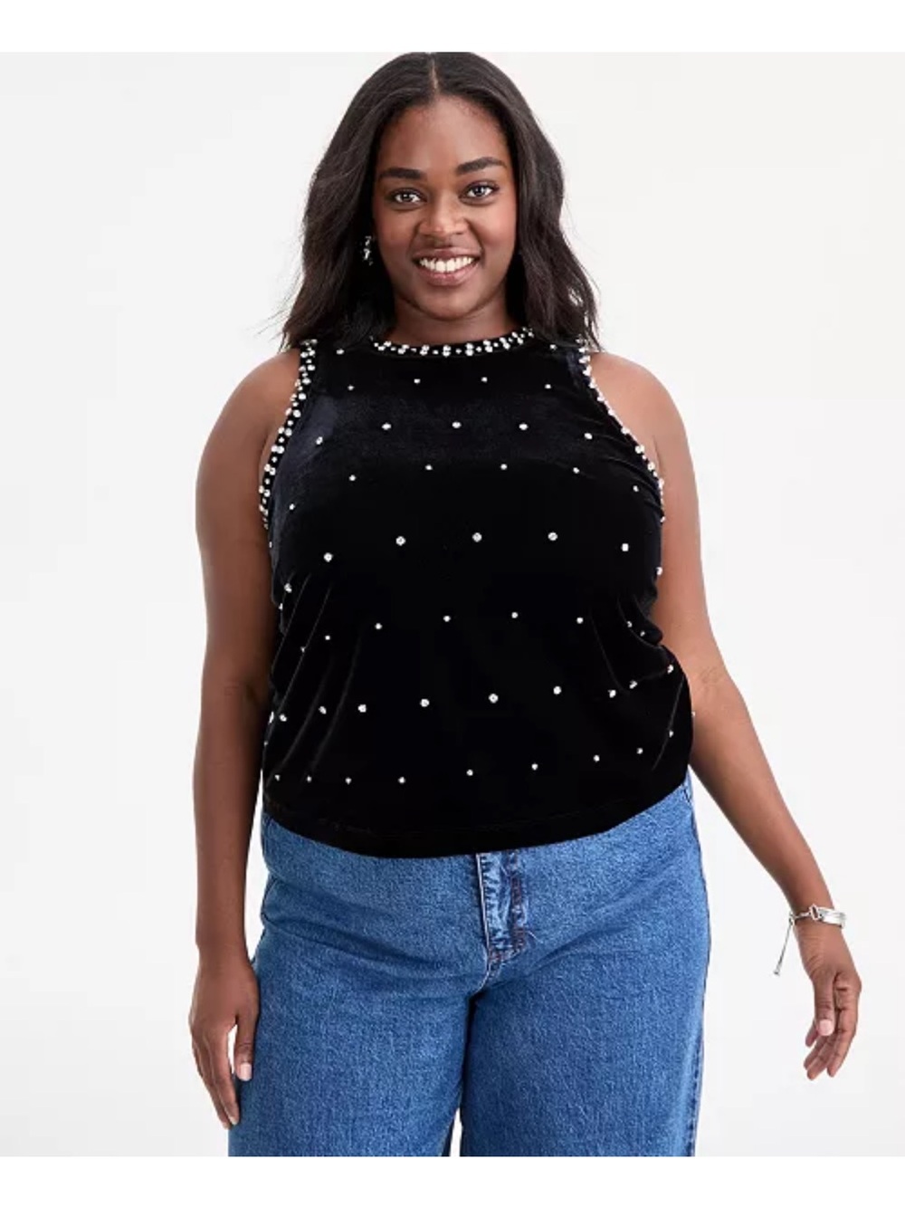 Pearl-Trim Black Velvet Tank Top - Women